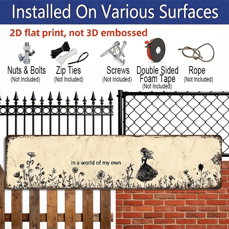 2D Flat, 1pc Vintage "In A World of My Own" Metal Wall Art Sign - Rustic Retro Aluminum Decorative Sign with Floral Whimsical Design, 15.7×3.94inch