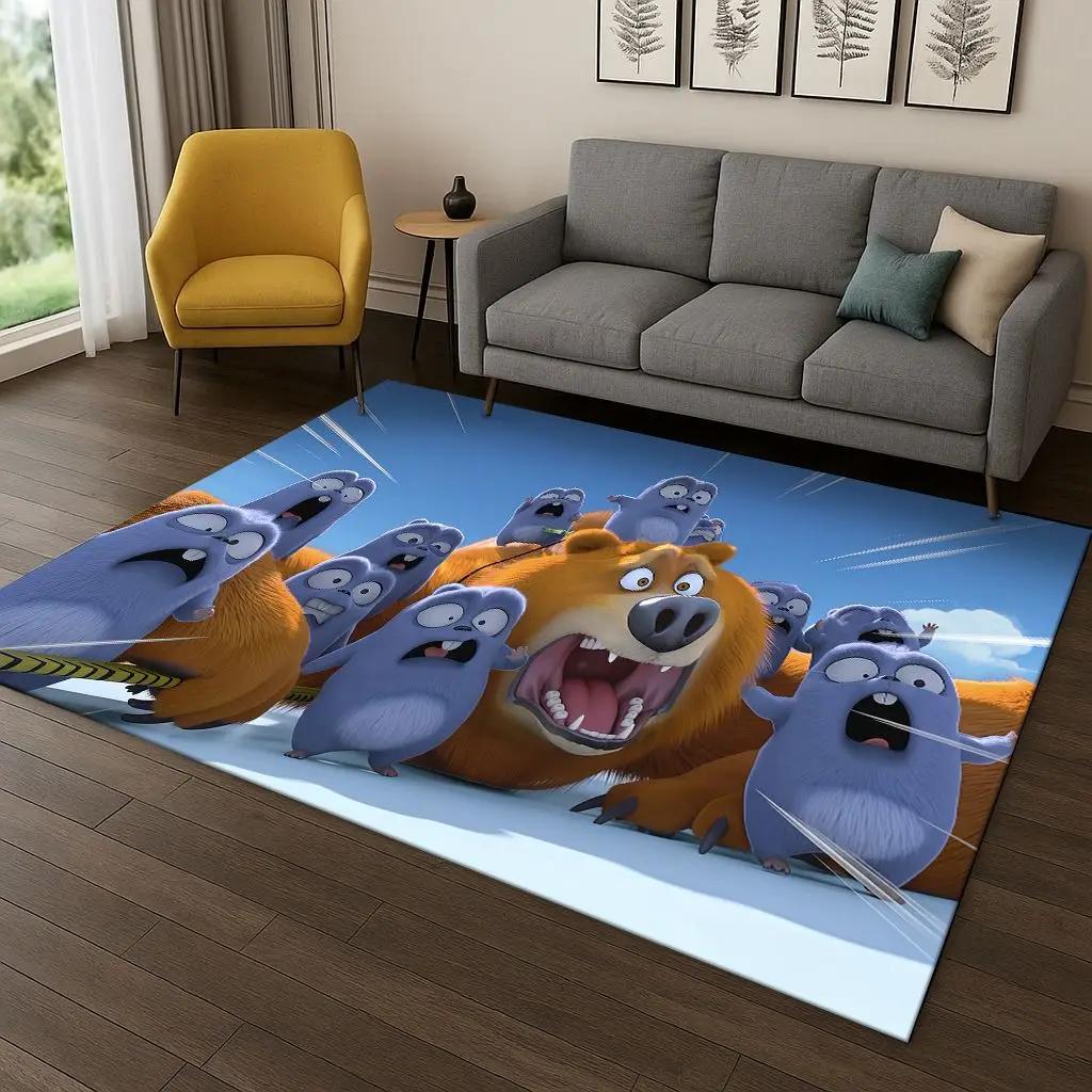 3D Koberec s medvědem Grizzym a lemingy, Kreslený koberec do ložnice, obývacího pokoje, k pohovce, Domácí dekorace, Dětský koberec do herní zóny, Protiskluzová podložka, Dárek