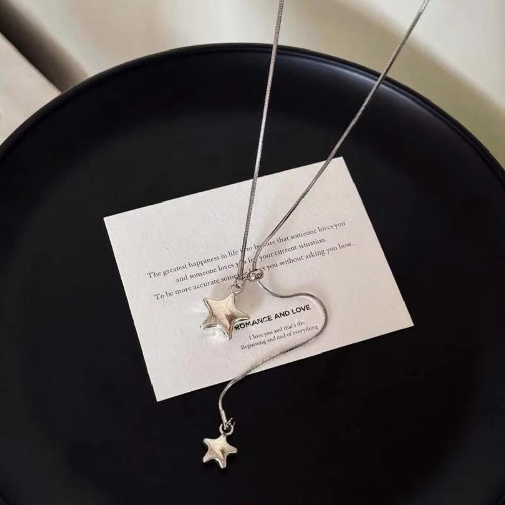 Silver Star Pendant Necklace Asymmetrical Design Sweater Chain Necklace Unisex