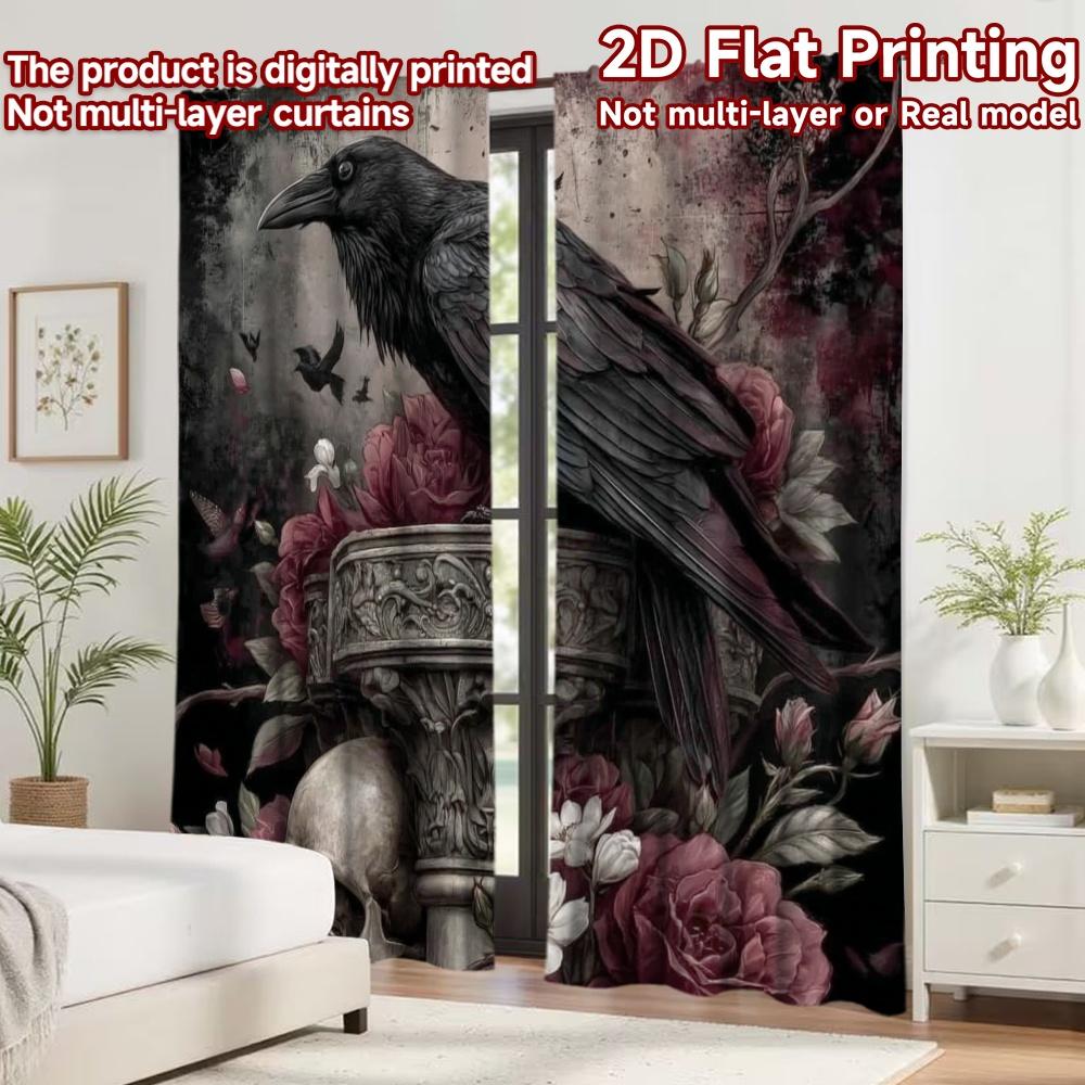 2D flat printing 2pcs Curtain Curtains Halloween Raven and Skull(1) Digital Printed Polyester Drapes Festive Curtains Perfect