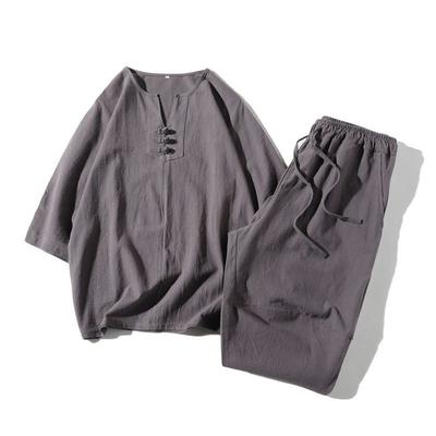 Chinese Style Men's Tang Suit Linen Short-sleeved Three-quarter Sleeve Suit Cotton and Linen Loose T-shirt Casual Two-piece Set