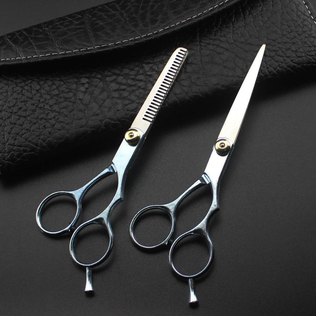 6" Galvanized Thinning Shears & Hairdressing Scissors Set with Leather Bag - Carbon Steel