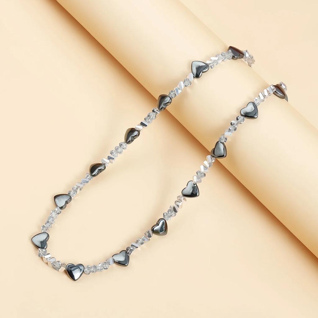 Luxury-inspired Heart Choker Black Obsidian Glass Crystals Alloy Necklace Women Stackable Elegant for Date Night