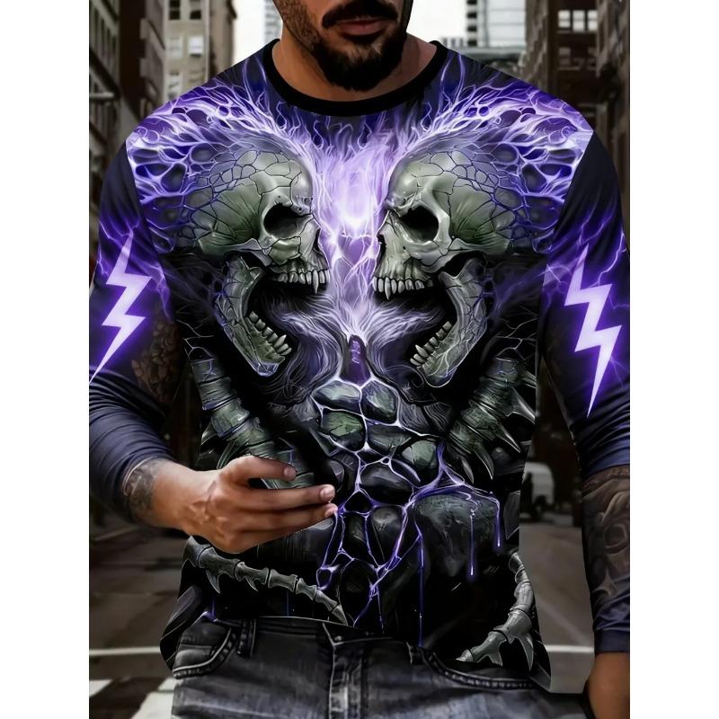 Round Neck 3D Skull Printed T-shirts Casual Short Sleeved Men's T-shirts - Soft Medium Stretch Polyester Fabric Spring and Autumn Relaxed Fit Clothing