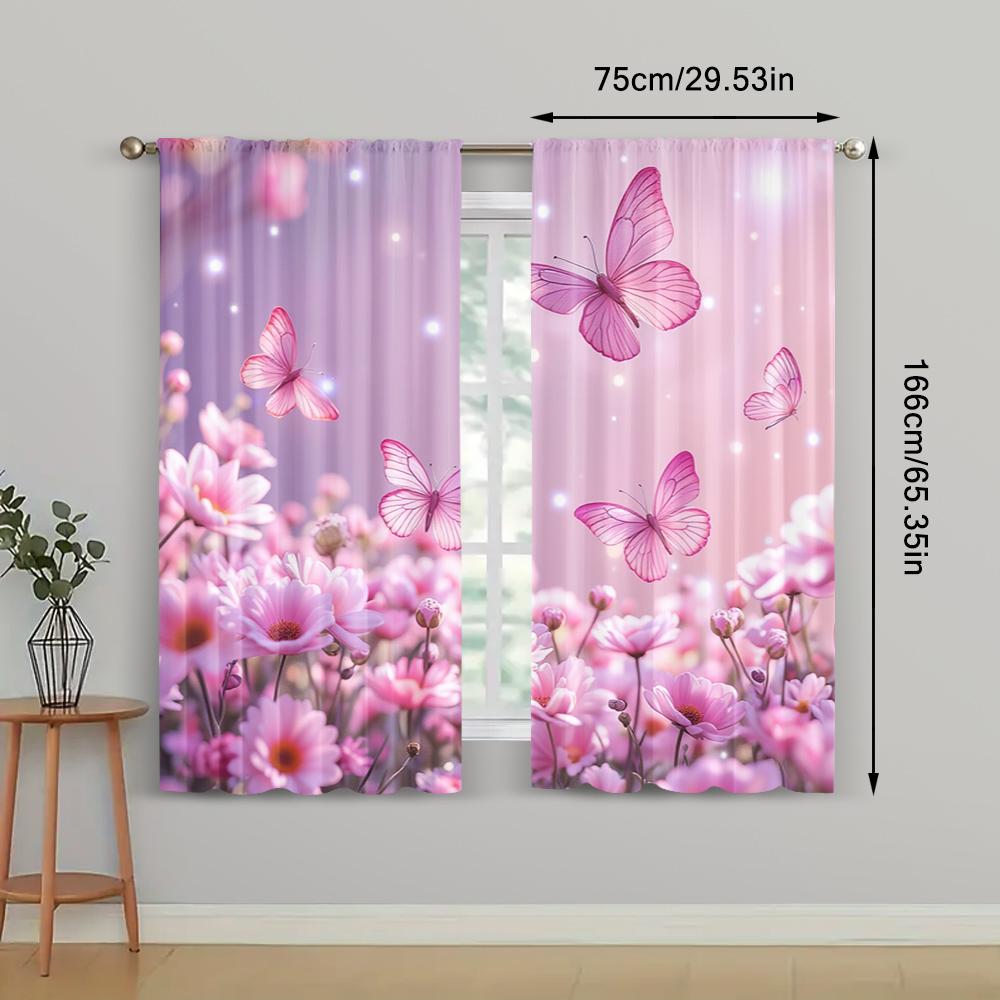 2pc    Window Drapes Butterfly Fantasy Pink Versatile 100% Polyester  Without Electricity Festive Wall Decor Suitable for