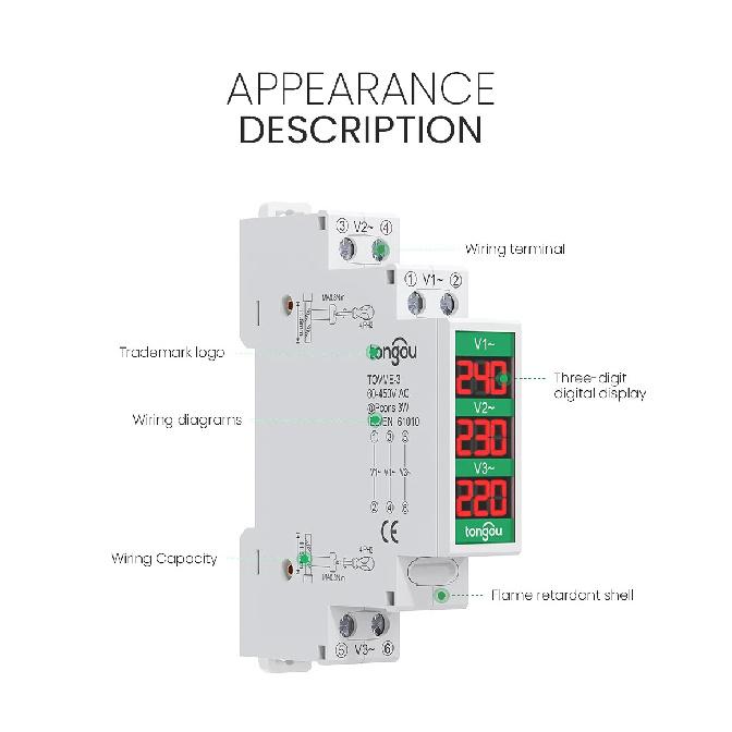 Mini Modular Din Rail Mount Three Phase Voltage Meter with LED Digital Display - Ac 60V-450V Gauge Indicator Detector by TONGOU
