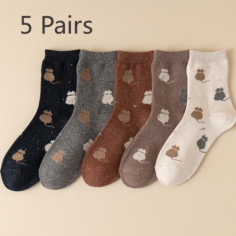 5 Pairs of Female Cute Cartoon Dot Yarn Cat Thick Warm Tube Socks