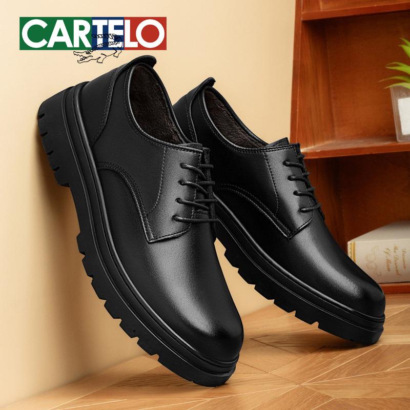 Men's Black Leather Derby Shoes - Winter 2025, Height Increasing, Thick Sole, Casual to Formal, with Plus Velvet for Warmth