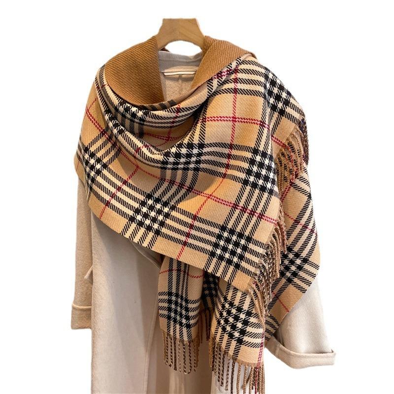 Sweet Plaid Scarf Women's Versatile Imitation Cashmere Thickened Double-sided Fringed Shawl Long Scarf One Piece