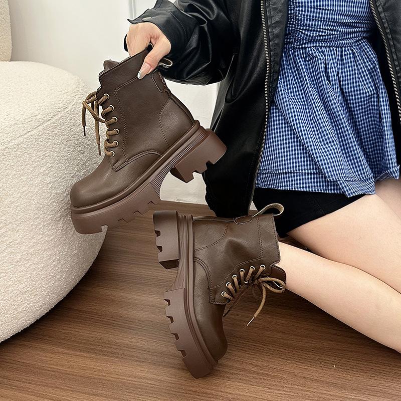 Thick-soled slim Maillard style short boots autumn new British style round head retro small Martin boots women