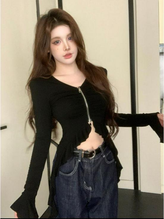 Chic Flare Sleeve Zipper Cropped T-Shirt for Women - Slim Fit Early Autumn Top