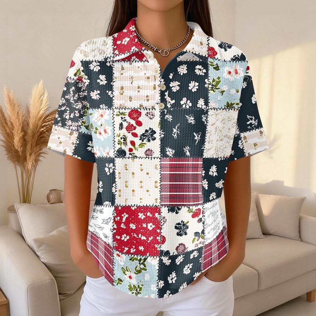 Damen Lässiges Kurzarm Waffelstrick Poloshirt Knopfleiste Patchwork Blumenprint Leichtes Oberteil