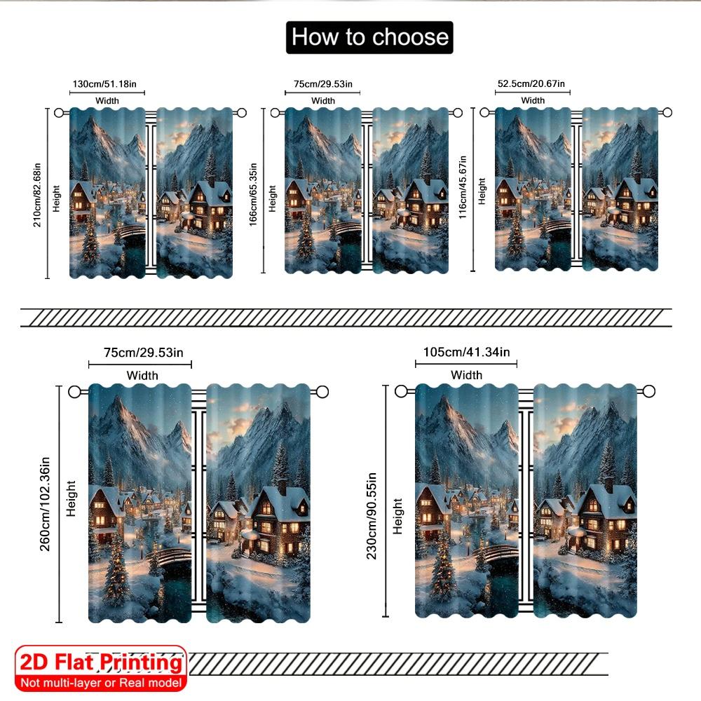 2pcs 2D flat printing Merry Christmas Scene Curtains Winter Village Versatile Polyester Without Electricity Festive Wall Decor