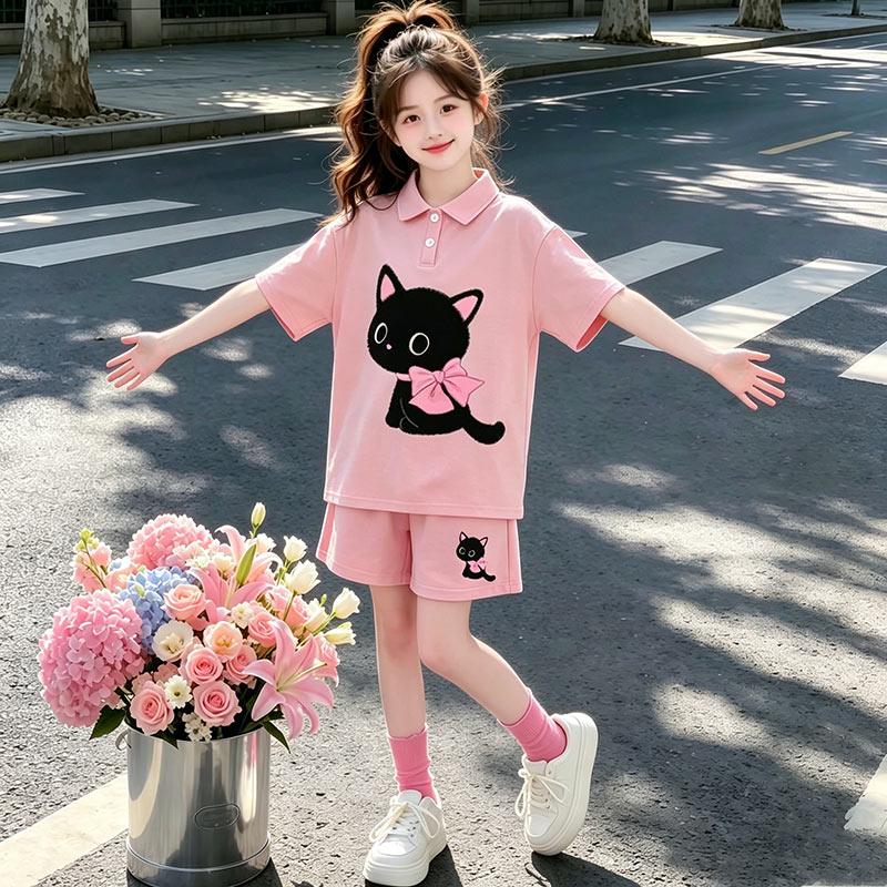 Girls' Summer Outfit Set, New Trendy and Thin Style, Girls' Polo Shirt Short-sleeved Sports Two-piece Set