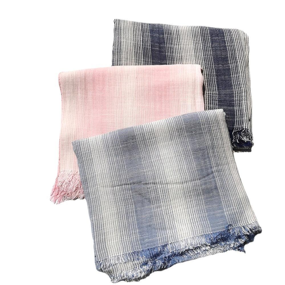 Striped men's cotton and linen scarf, literary style, personality, natural wrinkle, casual and good with fringed silk scarf women