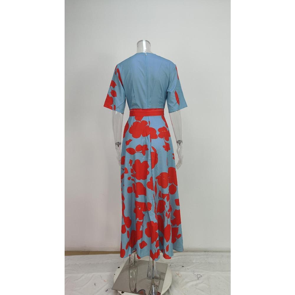 European and American Fashion Floral Print Elegant V Neck Tie Waist Maxi Dress Women