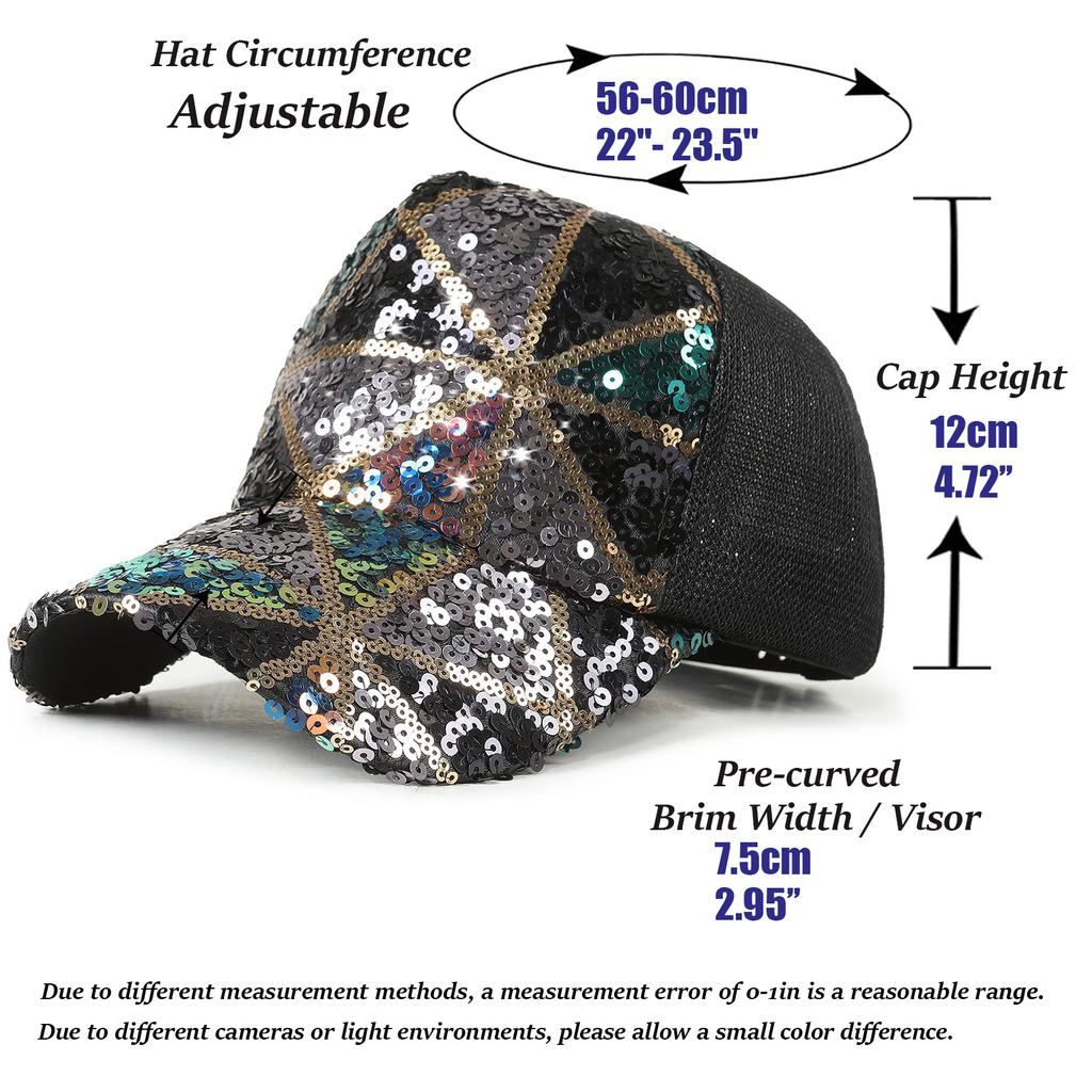 Fashion Ladies Mixed‑Color Sequin Trucker Cap, Geometric Lattice Mesh Back Peaked Hat, Adjustable Sun Protection Baseball Hat for Vacation Club