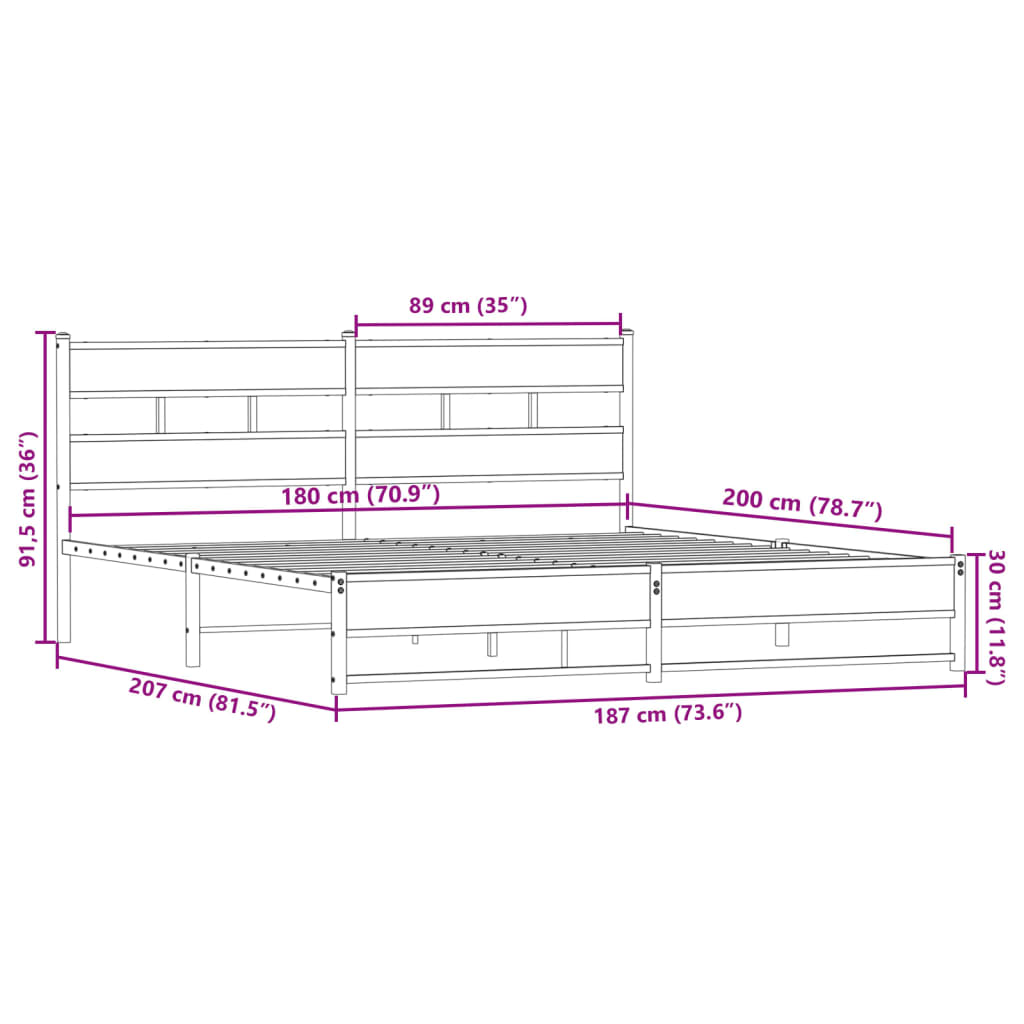 Metal Bed Frame Without Mattress Smoked Oak Finish 180 X 200 Cm