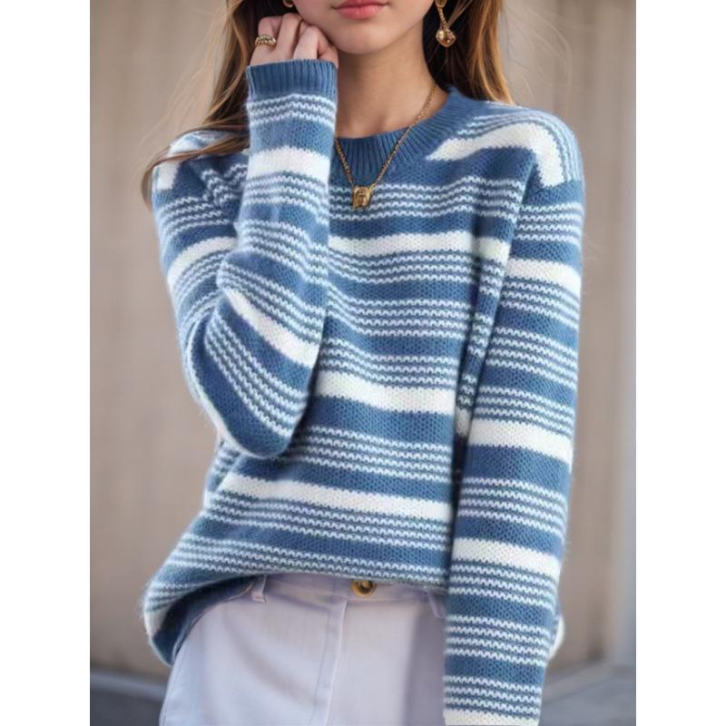 Tooxika Women's Clothing 2024 Autumn And Winter New Contrast Color Striped Pullover Sweater Top Round Neck Contrast Color Sweater For Women