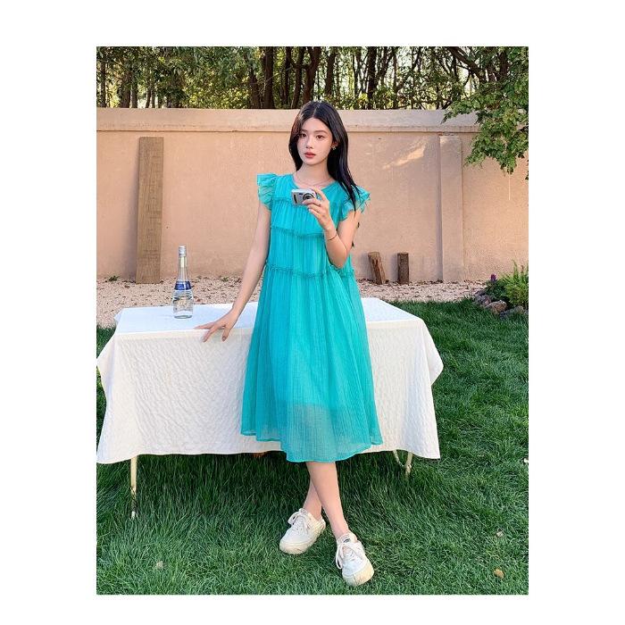 

Coffee Break French Blue Small Flying Sleeve Dress Women s Summer High Sense Dopamine Seaside Resort Beach Long Skirt S