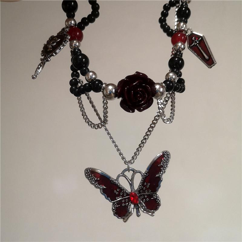 Gothic Red Cross Thorn Heart Butterfly Pendant Choker Black Bead Necklace Personalized Y2K Halloween Charms Grunge EMO Jewelry