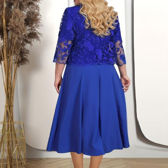 2Pcs/Set Women Plus Size Party Outfit O-neck Short Sleeve Loose Hem Midi Dress Hollow Out Embroidery Lace Floral Coat Set