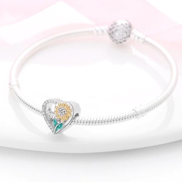 New 925 Silver Fashion Golden Sunflowers Heart Charm Beads Fit Pendant Original Bracelets Party Gift DIY Jewelry