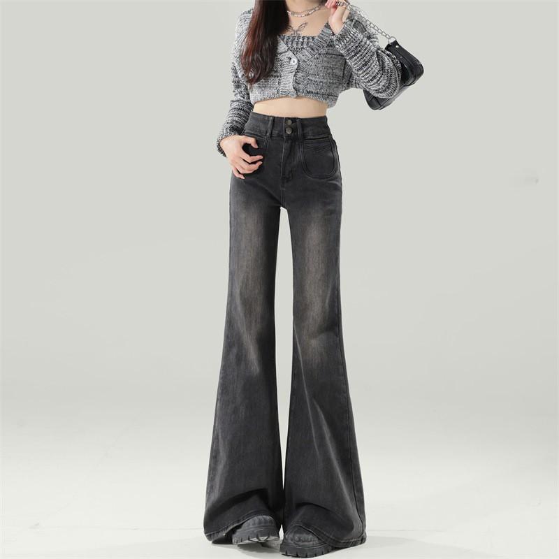 High Waist Flared Jeans Women Slim Fit Stretch Denim Pants Black Grey Vintage Blue Winter
