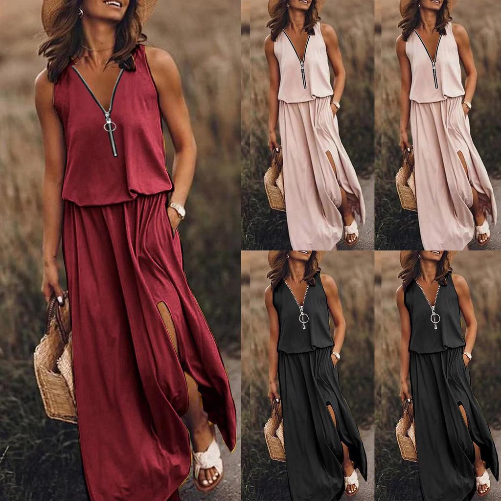 2023 Sleeveless Long Dress: Fashionable Waist-Cinching Zipper Dress for Women
