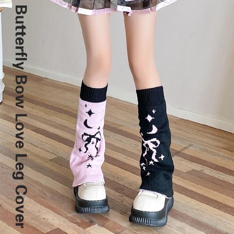 Polainas de Punto Elegantes para Niña Calcetines sin Pies Patrón Estético de Lazos de Mariposa Reversibles Holgados Cubre Pies