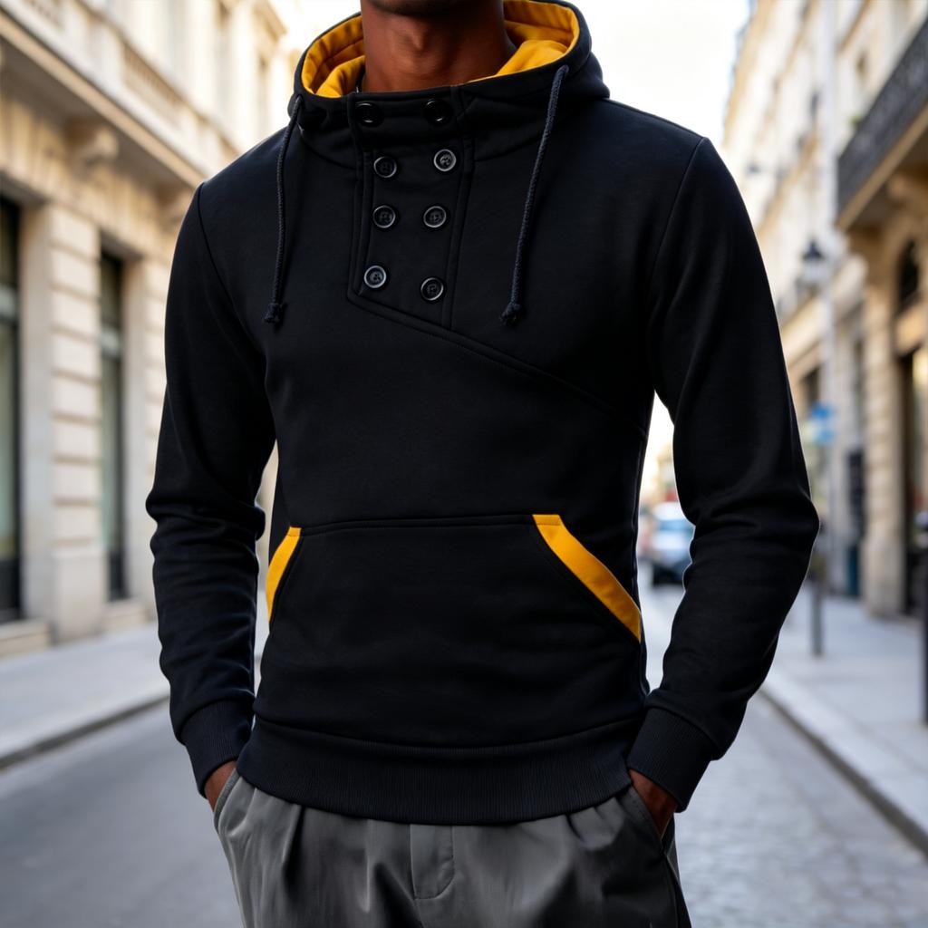 Men's Double-Breasted Pullover Hoodie, Short Slim Fit Brushed Sweatshirt for Fall and Winter
