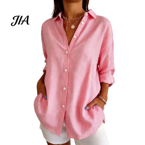 Machine Washable Shirts Women Striped Shirt for Summer Autumn, Button Down Single Long Sleeve Breasted Blouse, Dressy Casual Collared Top Office Work