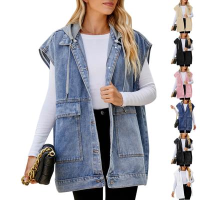 Colete jeans vintage solto casual feminino com capuz jaqueta