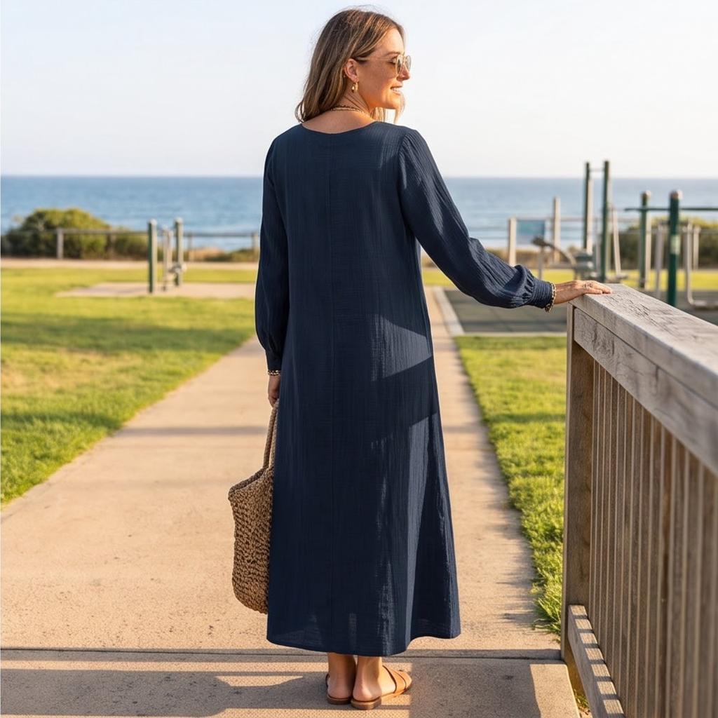 Women's Casual U Neck Long Sleeve Color Maxi Dress for Vacation and Summer
