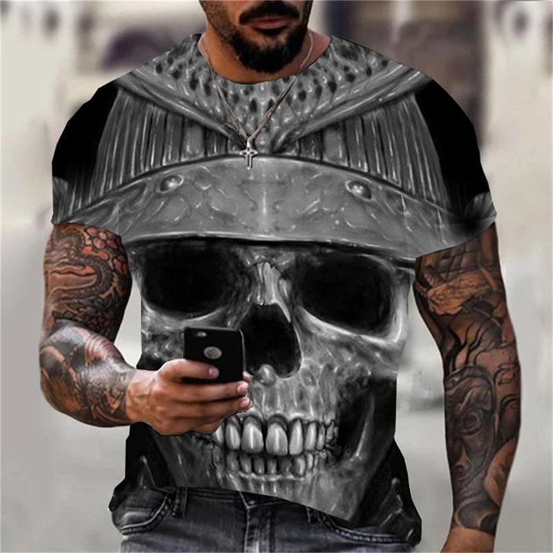 Summer Round Neck 3D Horror Skull Graphics Print Top Fashionable Casual Short Sleeved Men's T-shirts
