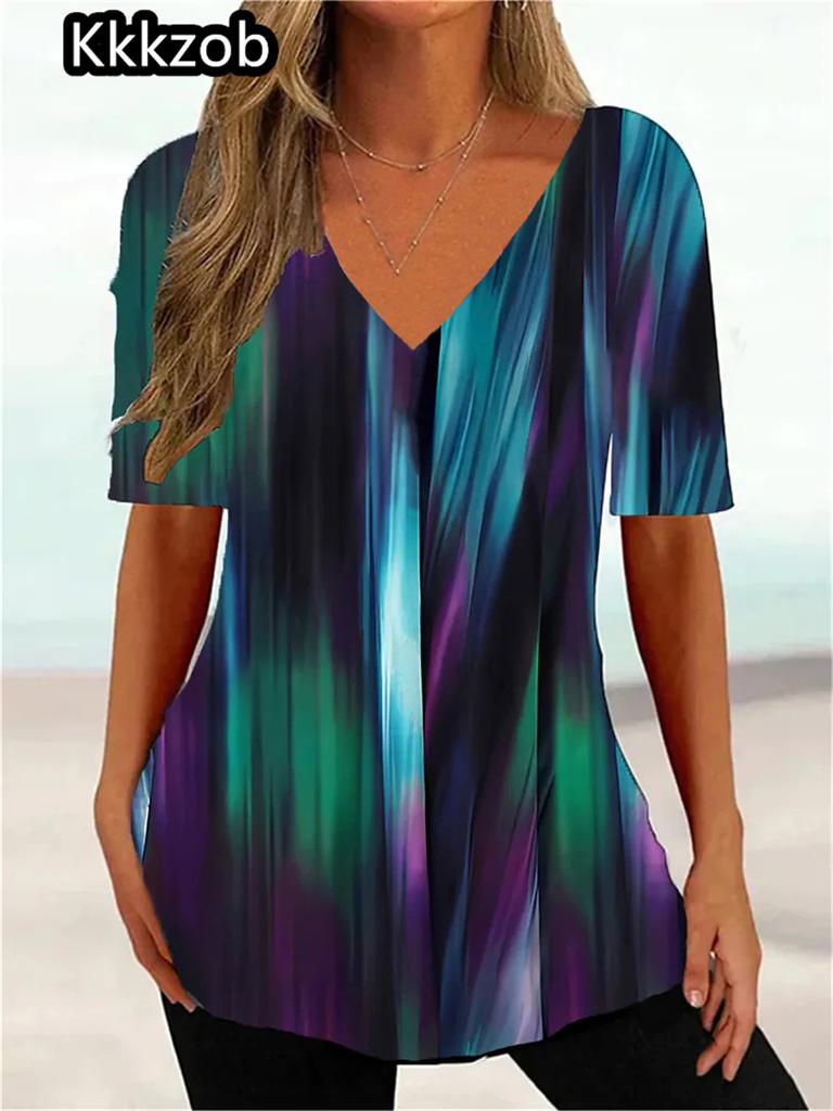 Modny T-shirt z nadrukiem kwiatów 2025 Damski z krótkim rękawem Bluzki Casualowy T-shirt z dekoltem w serek Lato Damska odzież uliczna Oversize Damski pulower