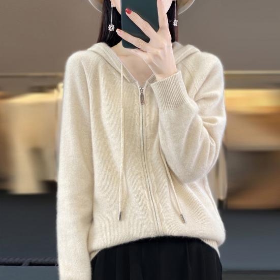 Pulover pentru femeie haină cu glugă cu șnur cu mânecă lungă, cu fermoar dublu, haină de tricotat, culoare solidă, îmbrăcăminte jacquard, largi