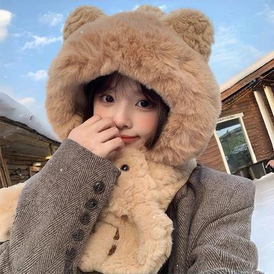 Cute Plush Bear Ear Hat Winter Integrated Cap Scarf Windproof Thickened Beanie Hat Scarf Casual Outdoor Warm Scarf Set