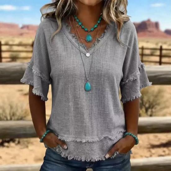Women Tops, V-Neck Half Sleeve Summer T-shirt, Pure Color Loose Fit Tee Shirt with Fringe Trim, Casual Blouse for Work Party Vacation Office Date