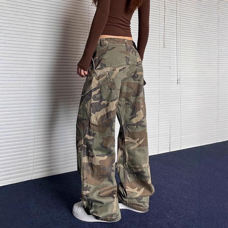 Pantalones Cargo Camuflaje para Hombre y Mujer Retro High Street Bolsillo Inclinado Pierna Ancha Rectos Holgados Pantalones Deportivos Casuales Ropa Diaria