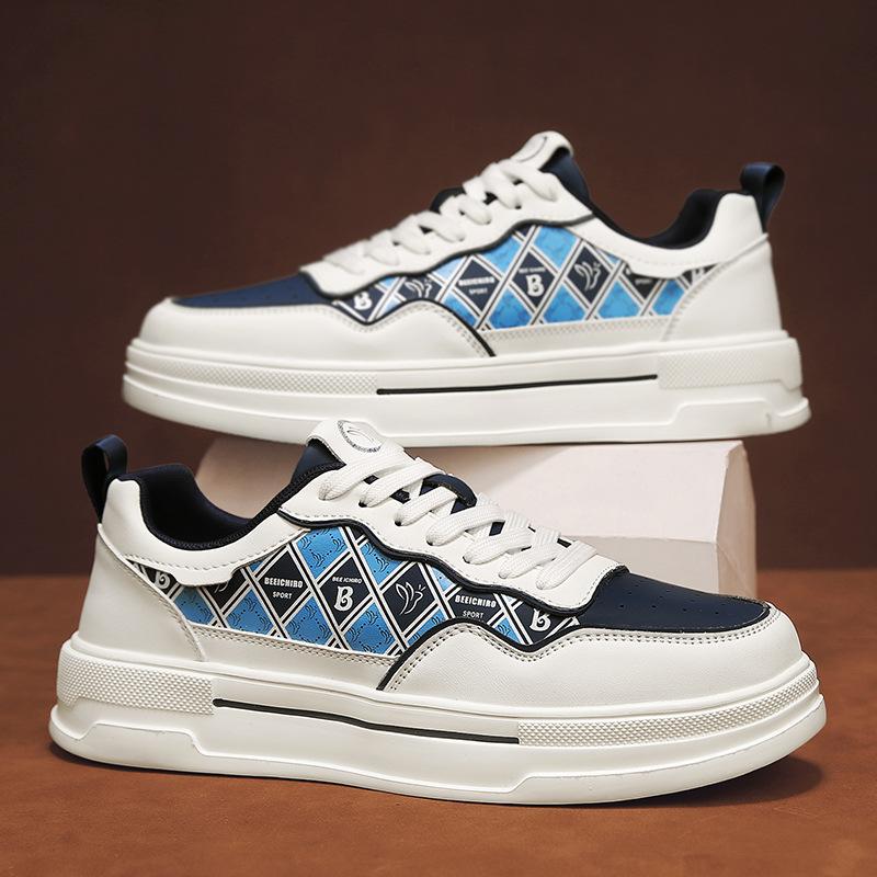 New Shoes for Men Leather Casual Shoes Trend Checked Flat Skateboard Shoes Youth Cool Lace-up Sneaker