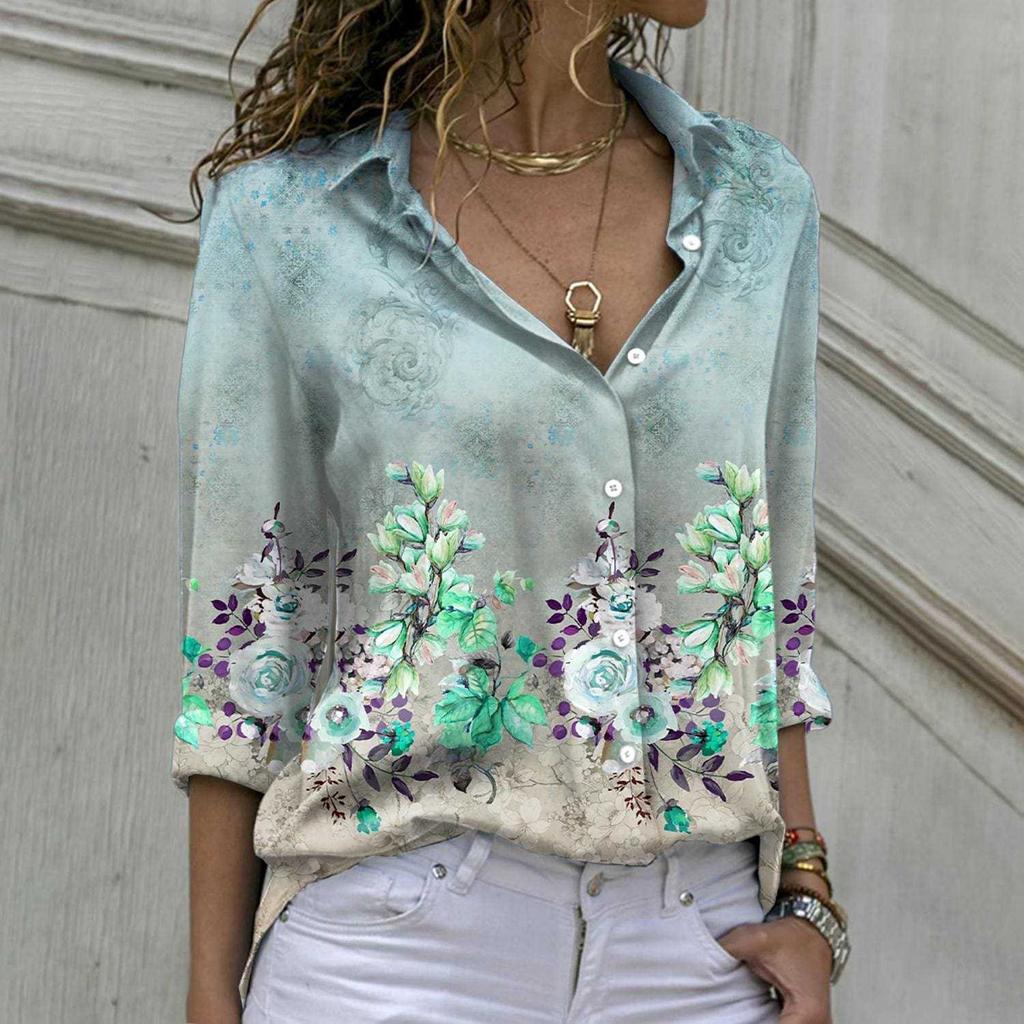 Women's Fashion Casual Printed Button Lapel Long Sleeved Shirt Top Blouse