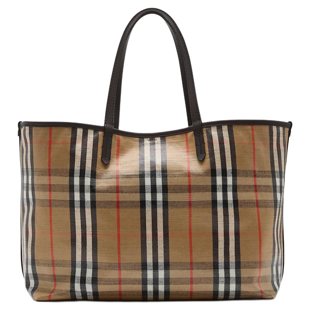 Burberry Vintage Check Canvas Leather Trim Large Tote Bag With Equestrian Knight Detail For Daily Use