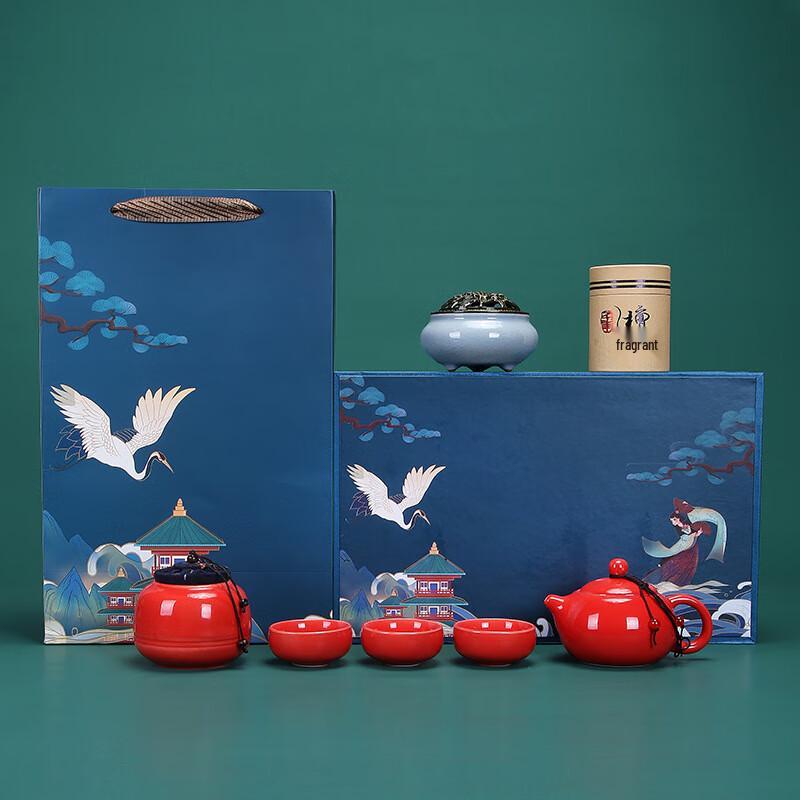 Auspicious Red Ceramic Tea & Incense Gift Set