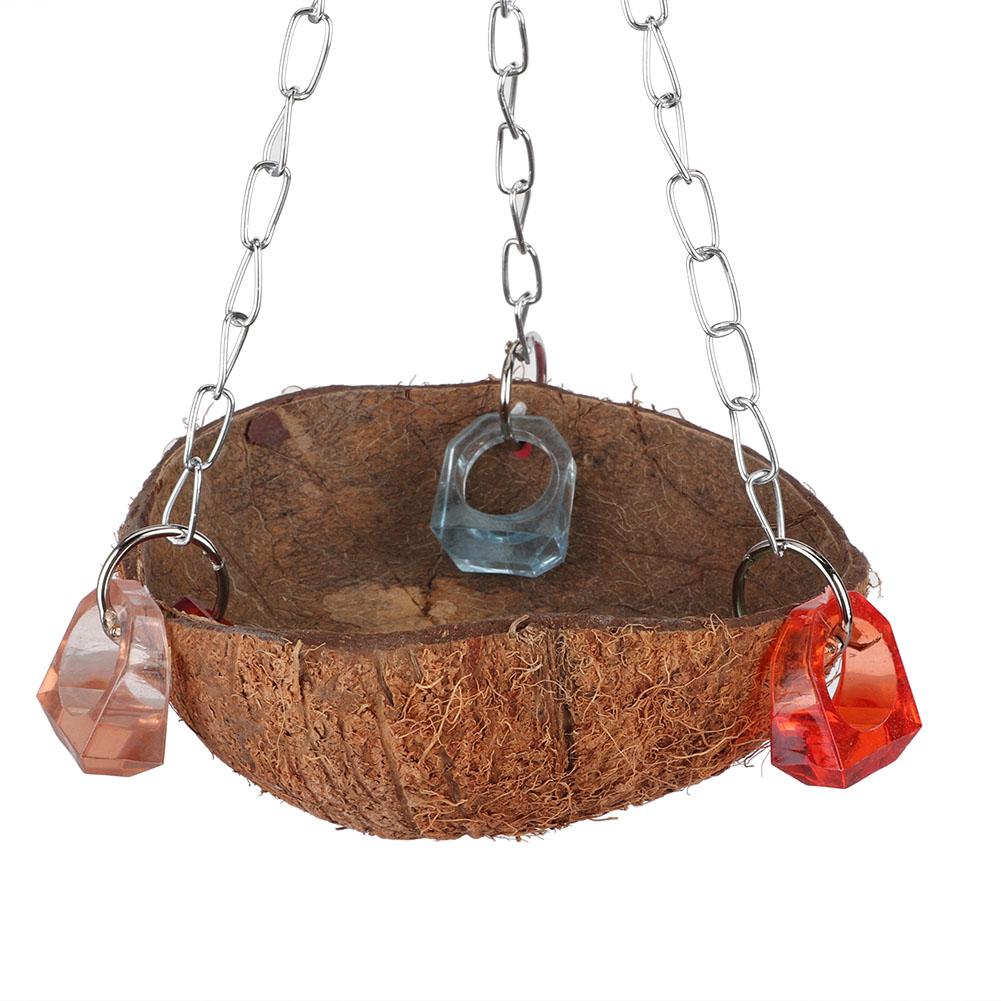 Pet Birds Toy Squirrel Coconut Shell Hanging Basket Sling with Acrylic Rings for Parrot Hammock