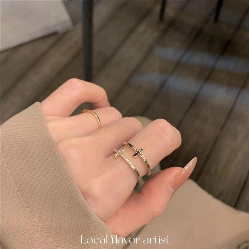 Elegant Double-Layer Zircon Cross Ring - Minimalist Open Design for Women