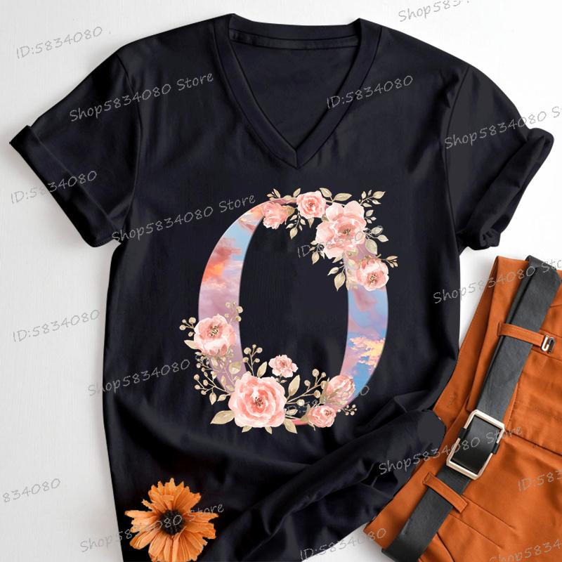 Womens Clothing Pink Flower Alphabet Classic Top Sky Alphabet Cartoon Tshirt FeUnisex Floral Letters A B C D Birthday Gift Shirt