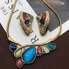 KEQIU Retro Necklace, Colorful Cat's Eye Stone, Diamond-encrusted and Gold-plated Necklace, Stud and Ear Clip Set