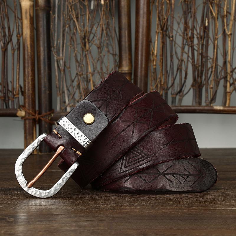 Belt Men's Retro Distressed Carved Top Layer Cowhide Leather Hammered Steel Buckle Korean Style Trendy Jeans Belt