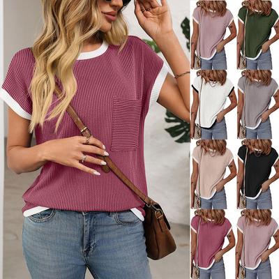 Women's Fashion 2025 Summer New Round Neck Knitted Twist Top Casual Color Block T-shirt